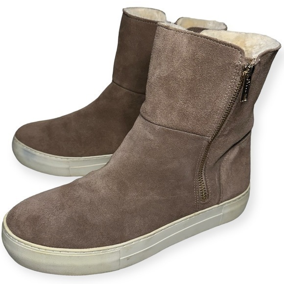 J Slides Women’s 8.5 Tan Suede Faux Shearling Zipper Side Platform Ankle Boots - Picture 1 of 10